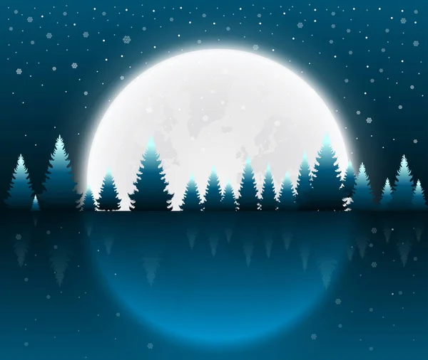 Рождественское ночное приветствие. Зимний пейзаж с хвойным выступом в полнолуние. Векторная иллюстрация — стоковый вектор