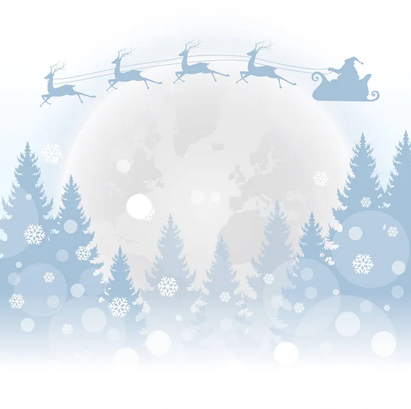 Saludo de Navidad por la noche. Paisaje invernal con bosque de coníferas y luna llena. Ilustración vectorial — Vector de stock