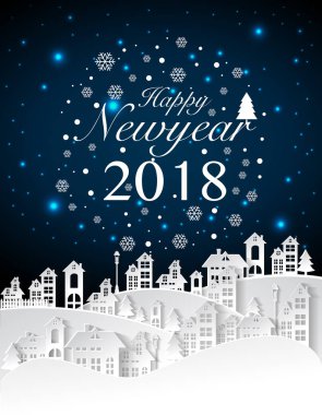 Parti mutlu yeni yıl 2018 kentsel ve dolunay arka plan, vektör çizim.