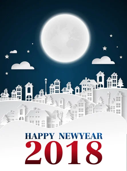 Festa Feliz ano novo 2018 em fundo urbano e lua cheia, ilustração vetorial . — Vetor de Stock