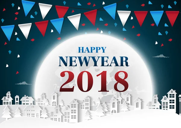 Festa Feliz ano novo 2018 em fundo urbano e lua cheia com bandeiras, ilustração vetorial — Vetor de Stock