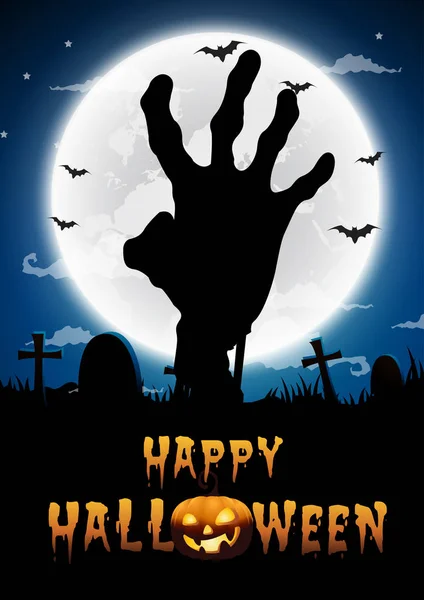 Halloween notte sfondo, zombie mani e luna completa.Illustrazione vettoriale . — Vettoriale Stock