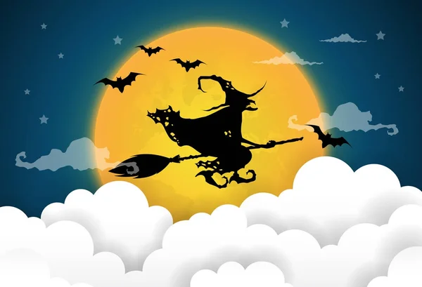 Illustrazione vettoriale di una sagoma di strega su un buio cielo notturno di Halloween . — Vettoriale Stock