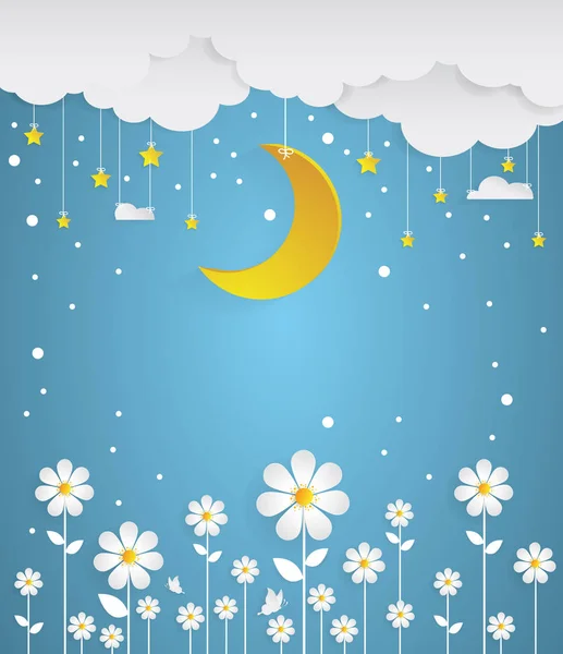 Natten med blommor och winter background.paper konststil — Stock vektor