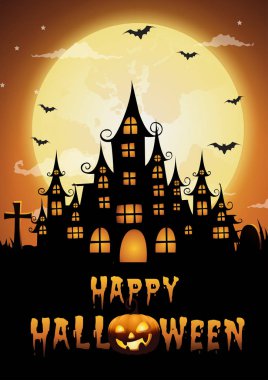 perili ev ve dolunay, Halloween geceler arka plan. Vektör çizim.