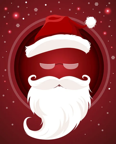 Santa Claus character white beard and moustaches in traditional Christmas holiday on red background. Vector illustration — Stock Vector