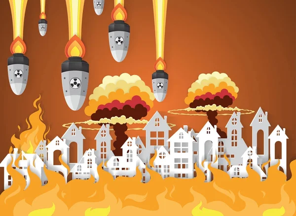 Ciudad destruida por la guerra Village con fuego .paper estilo de arte — Vector de stock