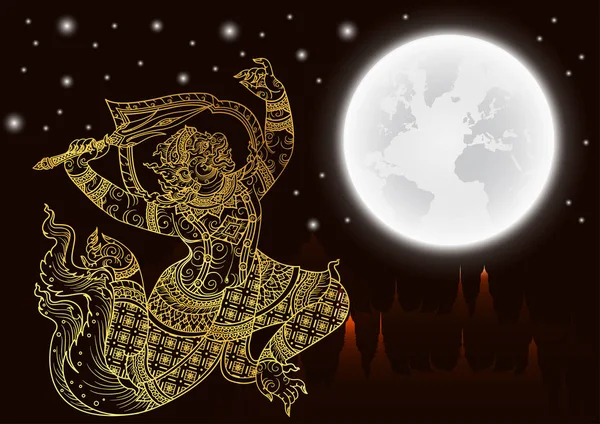 Thajské umění prvek Hanuman s měsíc tradiční zlato pro pohlednice — Stockový vektor