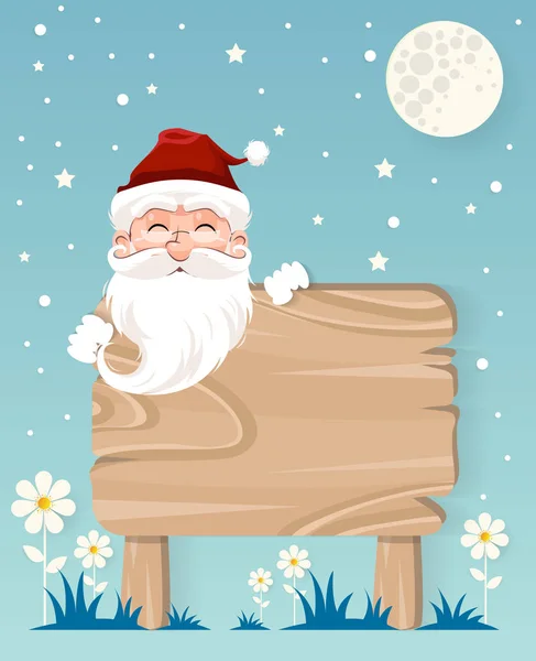 Invierno muy feliz, santa claus y con letrero de madera, arte de papel — Vector de stock