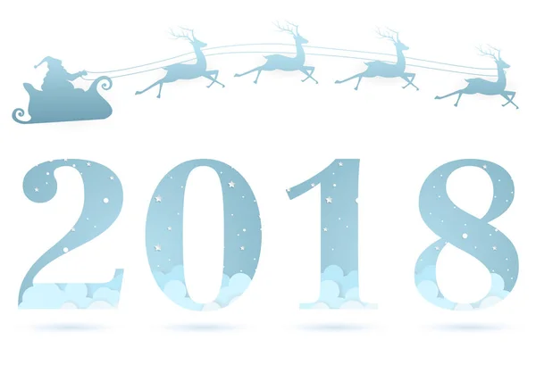 Cielo nocturno con Santa Claus y año nuevo 2018, nubes de fondo, arte del papel — Archivo Imágenes Vectoriales