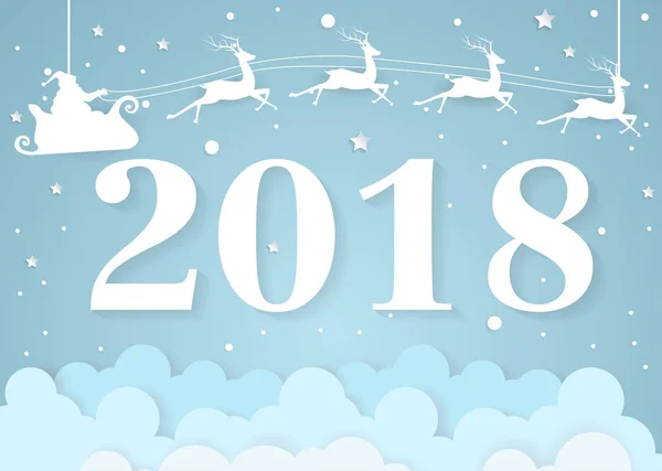 Céu noturno com Papai Noel e ano novo 2018, fundo de nuvens, arte de papel — Vetor de Stock