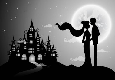 Düğün davetiye kartı siluet gelin ve groom.full ay arka plan ile. Vektör