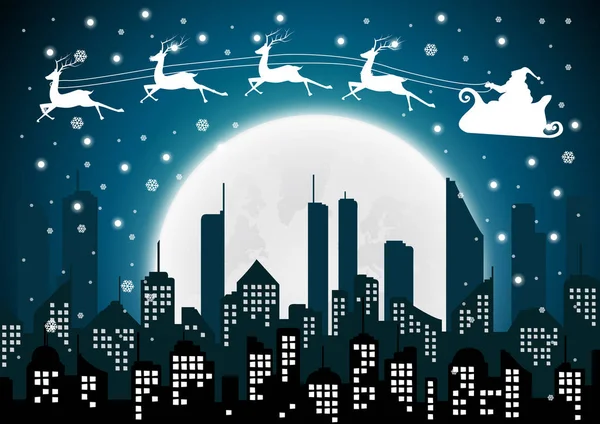 Weihnachten mit Weihnachtsmann-Silhouette der Stadt und Nacht mit Vollmond am Himmel. — Stockvektor