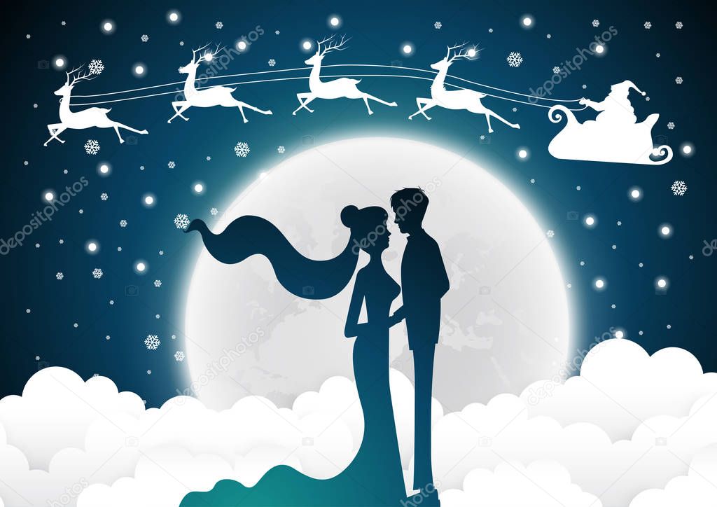 Christmas with santa Wedding invitation card with silhouette bride and groom.full moon background. Vector