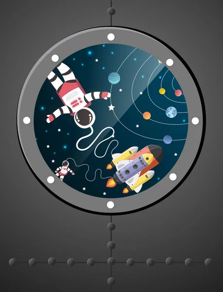 Űrhajós karikatúra-val egy űrhajó, és a keringési pálya Windows, paper art-nál — Stock Vector