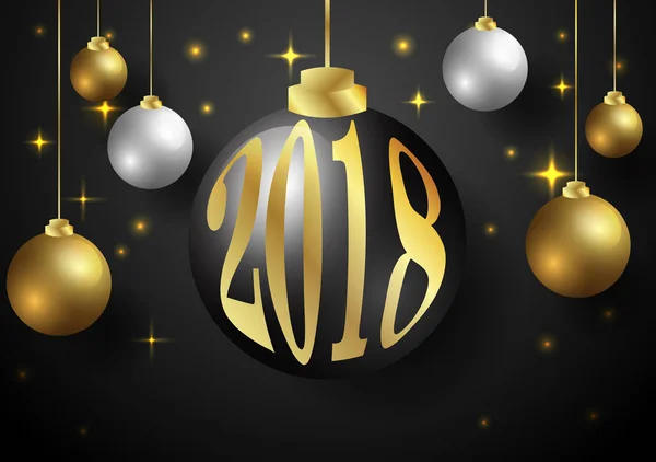 Feliz Natal, cartão de ano novo e decoração brilho. Fundo preto e dourado com bolas de Natal. Ótimo para cartões de saudação ilustração vetorial . — Vetor de Stock