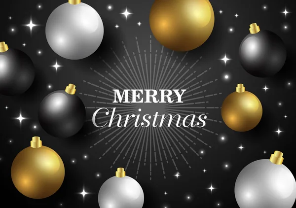 Feliz Natal, cartão de ano novo e decoração brilho. Fundo preto e dourado com bolas de Natal. Ótimo para cartões de saudação ilustração vetorial . —  Vetores de Stock