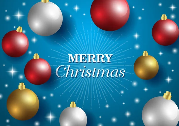 Feliz cartão de Natal e brilho decoração. fundo azul e dourado com bolas de Natal. Ótimo para cartões de saudação ilustração vetorial . —  Vetores de Stock