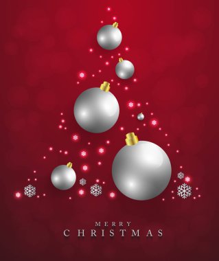 Neşeli Noel, yeni yıl kartı ve glitter dekorasyon. Siyah ve altın arka plan Noel topları ile. Vektör çizim.