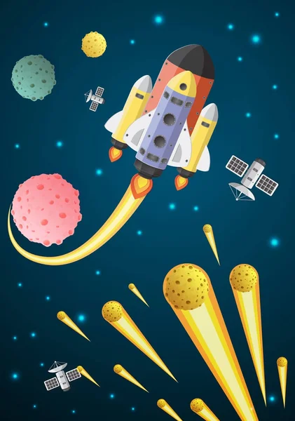 Satellite e astronave cartone animato sulla luna con lo spazio, arte cartacea — Vettoriale Stock
