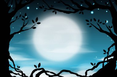 Dolunay ve ağaçlar, gece vakti gökyüzünün arka plan bulutlar ve yıldız. Ay ışığı gece. Vektör