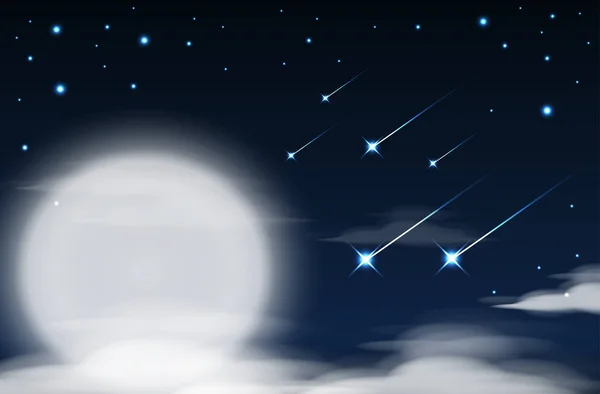Nattliga himmel bakgrund med fullmåne, moln och stjärnor. Moonlight natt. Vektor — Stock vektor