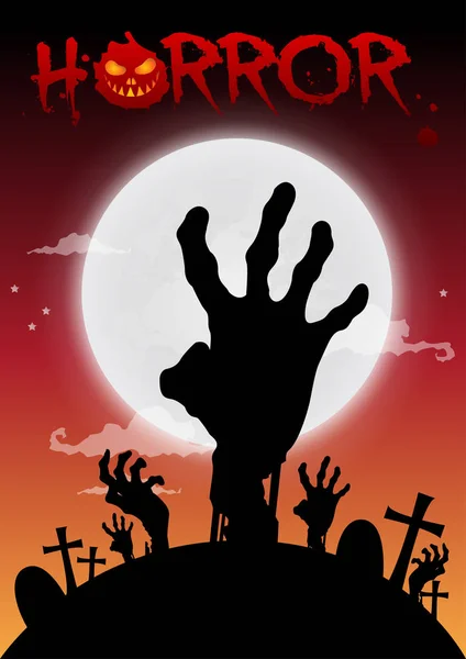 Sfondo notte di Halloween, mani zombie e luna piena. Vettore — Vettoriale Stock