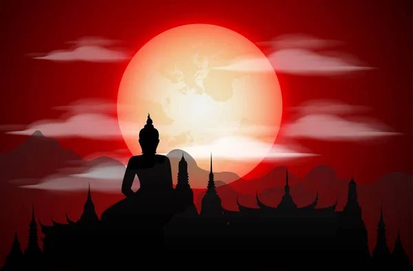 Temple Thaïlande Repères et silhouette, lune de sang, attraction de voyage et arrière-plan — Image vectorielle