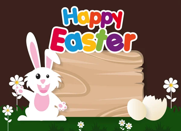 Sehr frohe Ostern, Hase und Eier mit Holzschild, Papierkunst — Stockvektor