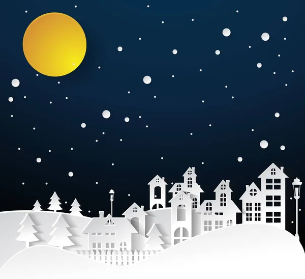 Hiver Neige Urbain Campagne Paysage Ville Village avec pleine lune, Bonne année et Joyeux Noël — Image vectorielle