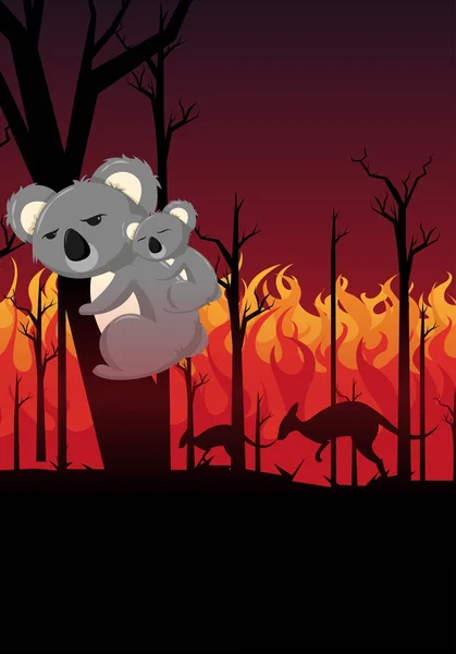 Молитесь за Австралию.Испуганный коала с малышом коала пытается избежать горящих лесных пожаров — стоковый вектор