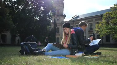 Park çim okuyan genç öğrenci Çift