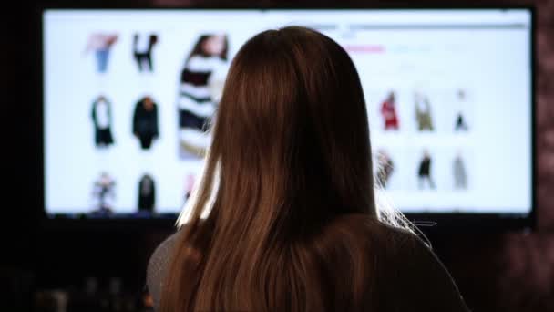 Indietro vista della donna shopping online con il computer — Video Stock