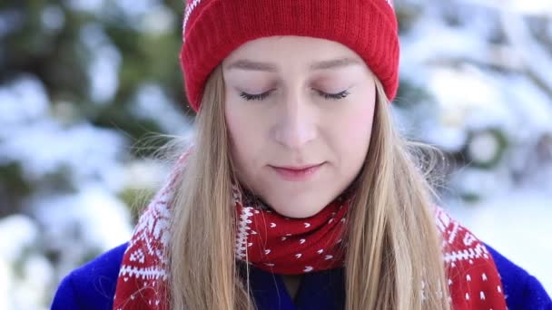 Mooie vrouw, drinken van warme koffie in winter park — Stockvideo