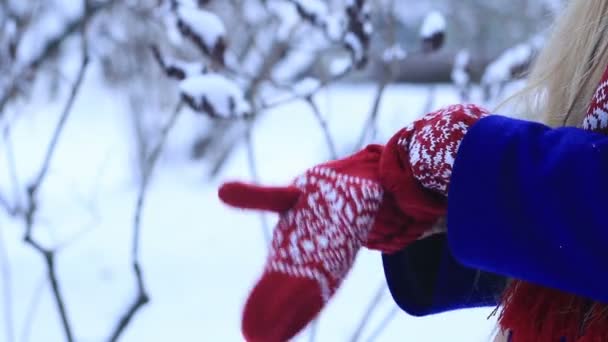 Femme réchauffant les mains gelées dans des mitaines — Video