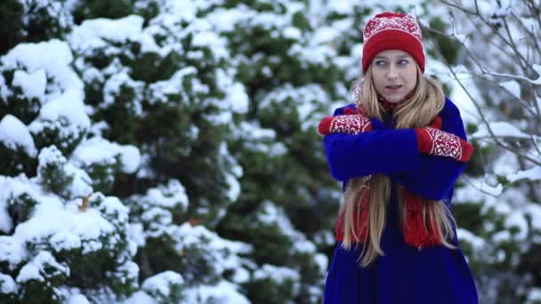 Belle fille gelant dans la forêt d'hiver — Video