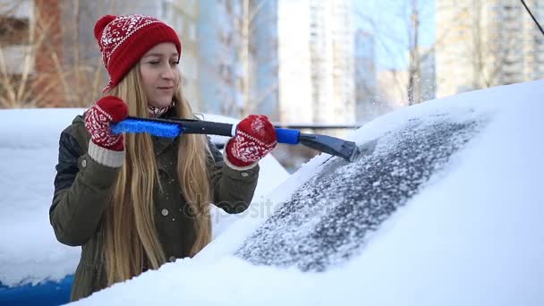 Sloop bevroren auto voorruit met ijs krabber — Stockvideo