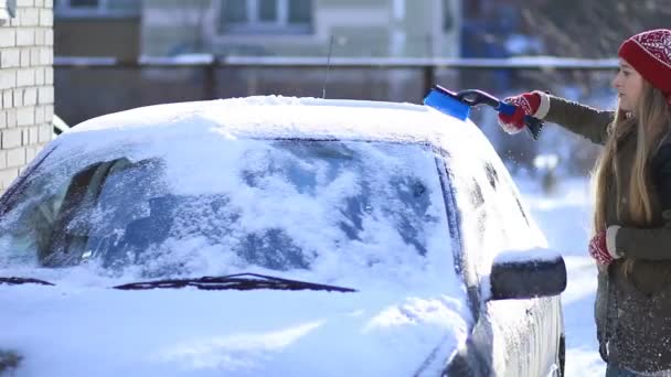 Vrouw sneeuw van het dak van de auto met behulp van de borstel schoonmaken — Stockvideo