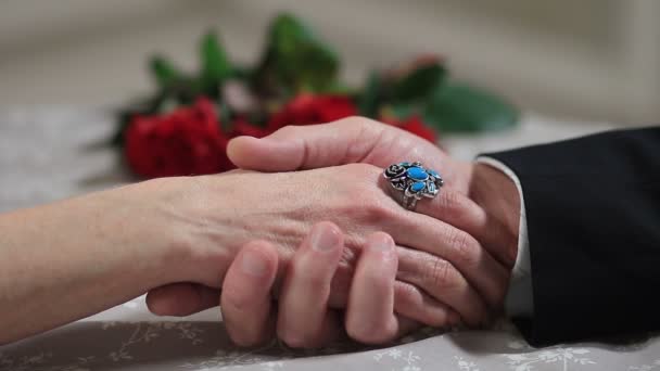 高齢者の女性の手を caressing シニア男性手 — ストック動画