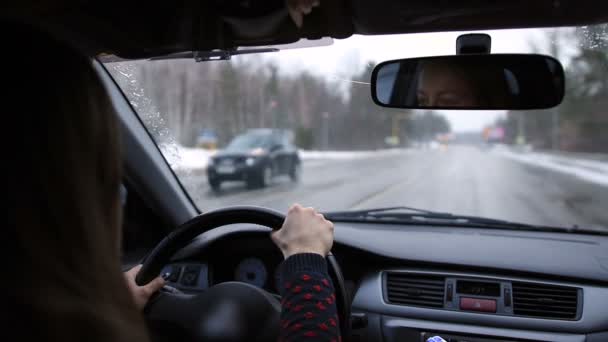 Vista panorámica desde el coche en carretera de asfalto en invierno — Vídeo de stock