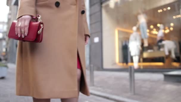 Mujer sosteniendo embrague rojo mientras camina por la calle — Vídeo de stock