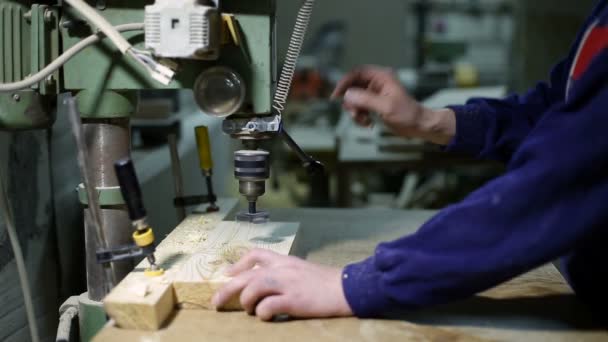 Agujeros de perforación maestros con cortador de madera a bordo — Vídeo de stock