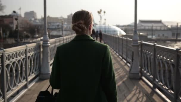 Back view of woman walking away on bridge — Stock Video