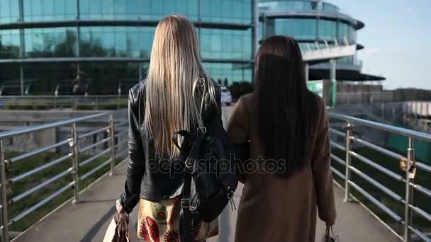 Compras mulheres andando na ponte pedonal — Vídeo de Stock