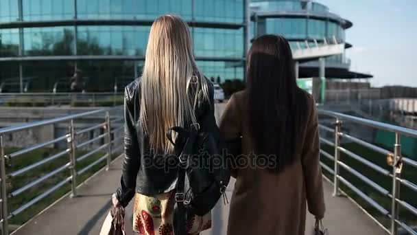 Vrouwen lopen op voetgangersbrug winkelen — Stockvideo