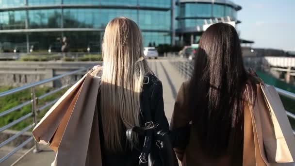 Shopaholic vrouwen lopen op brug bij zonsondergang — Stockvideo