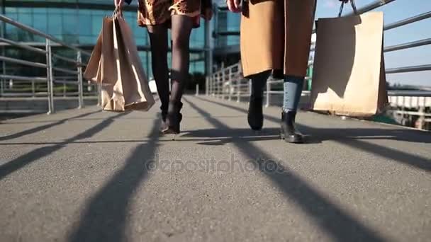 Belle gambe femminili sottili calpestando il ponte — Video Stock