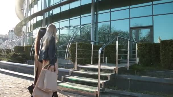 Mujeres adictas a las compras que vienen a la tienda — Vídeo de stock