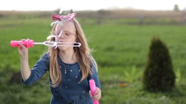 Aranyos kis lány buborékokat eregetett szappan szabadban — Stock videók