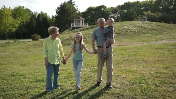 Familia alegre con niños disfrutando del ocio en el parque — Vídeo de stock